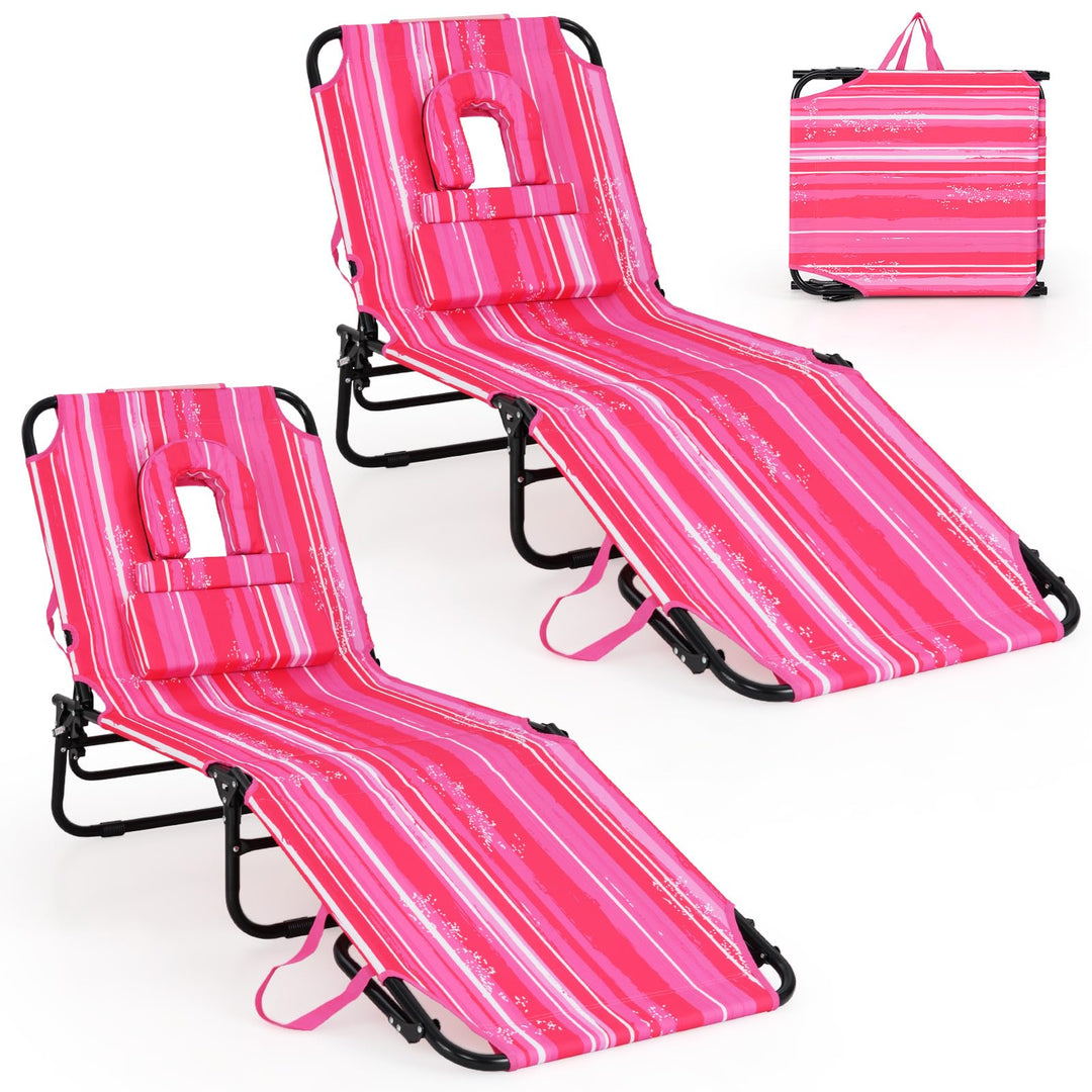 GYMAX Tanning Chair, 350lbs Beach Lounge Chair with Face Hole, Washable Pillow & Carry Strap