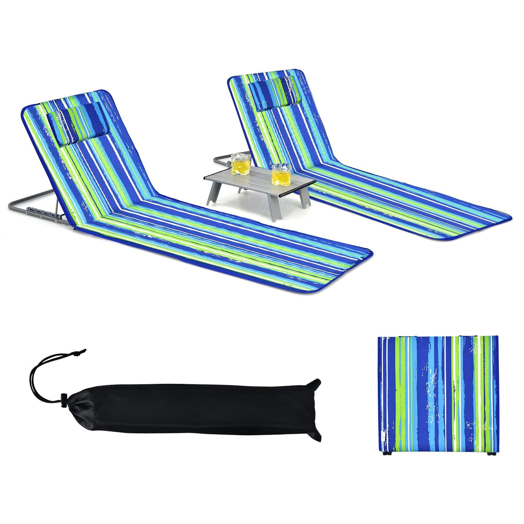 GYMAX Beach Chairs, Folding Tanning Lounge Chairs with Table Set, Adjustable Patio Floor Chair, Outdoor Sunbath Chair with Desk