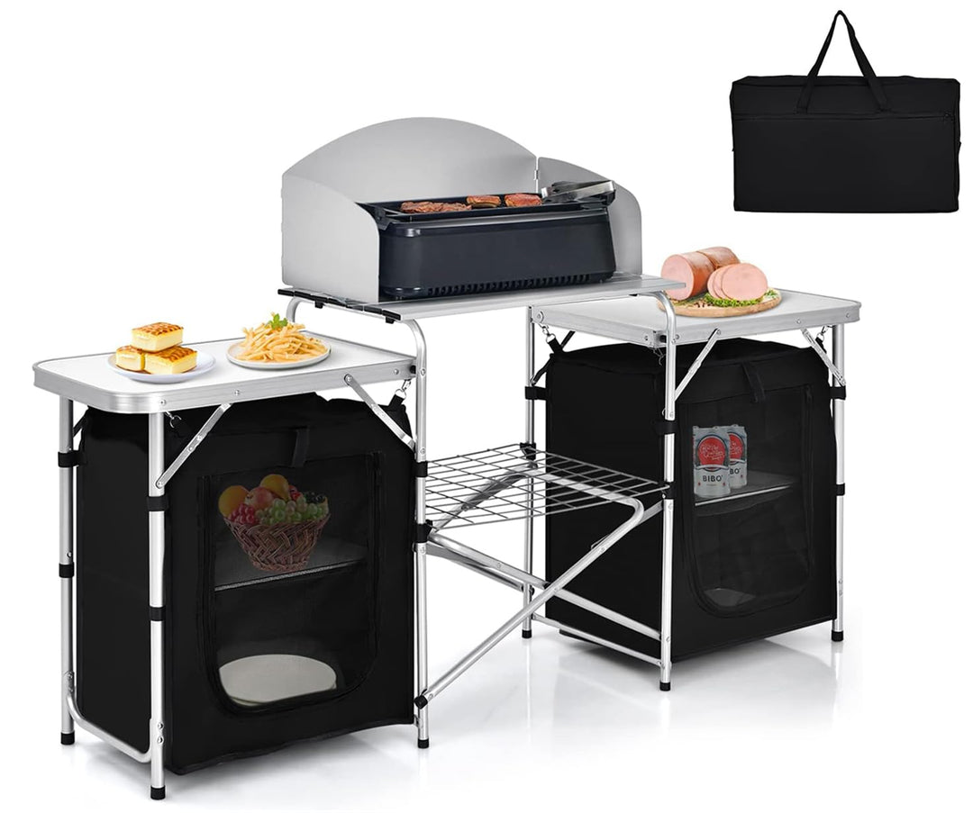 GYMAX Folding Camping Table, Portable Kitchen Table with 2 Zipper Organizer Shelf & Wind Screen