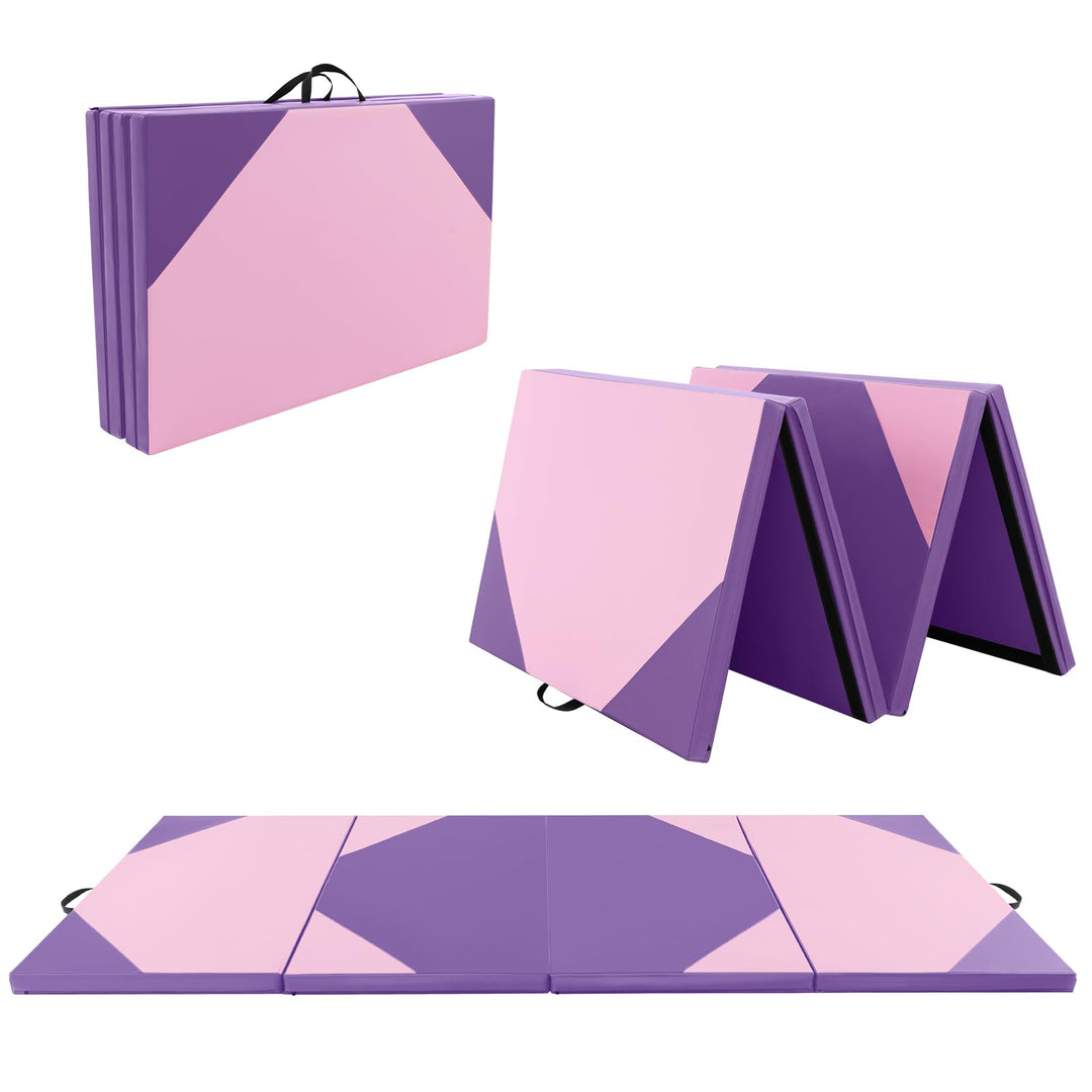 GYMAX Gymnastics Mat, 4 FT x 10 FT x 2 Inches Folding Exercise Mat w/Carrying Handles, Hook & Loop Fasteners