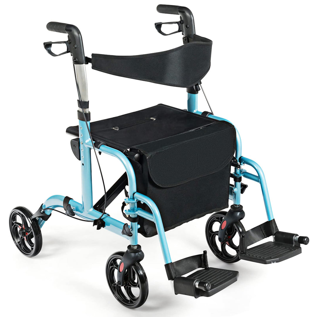 GYMAX 2 in 1 Foldable Rollator Walker, Height Adjustable 4 Wheel Transport Chair with Reversible Backrest