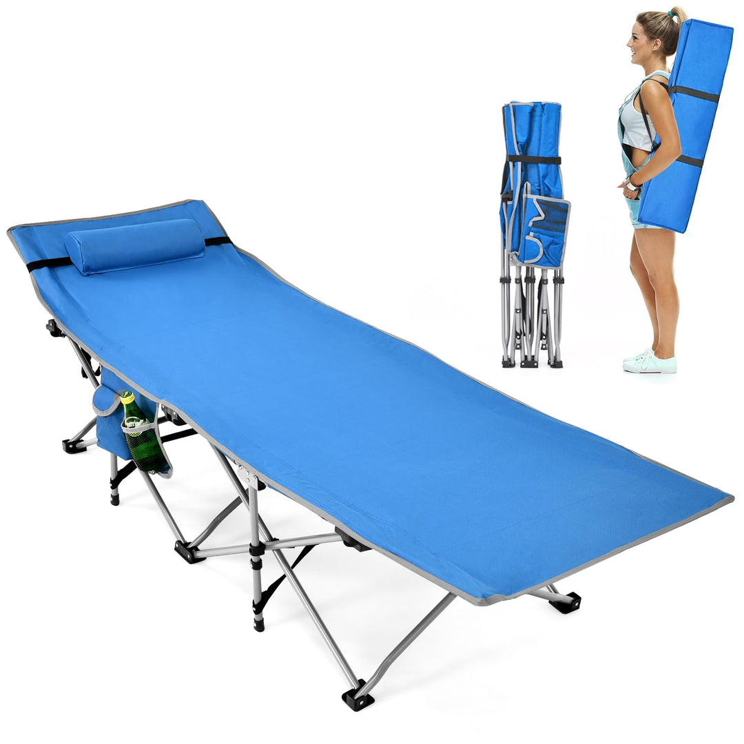 GYMAX Camping Cot, Folding Portable Lightweight Sleeping Cot with Pillow, 2 Side Pockets & Carrying Bag