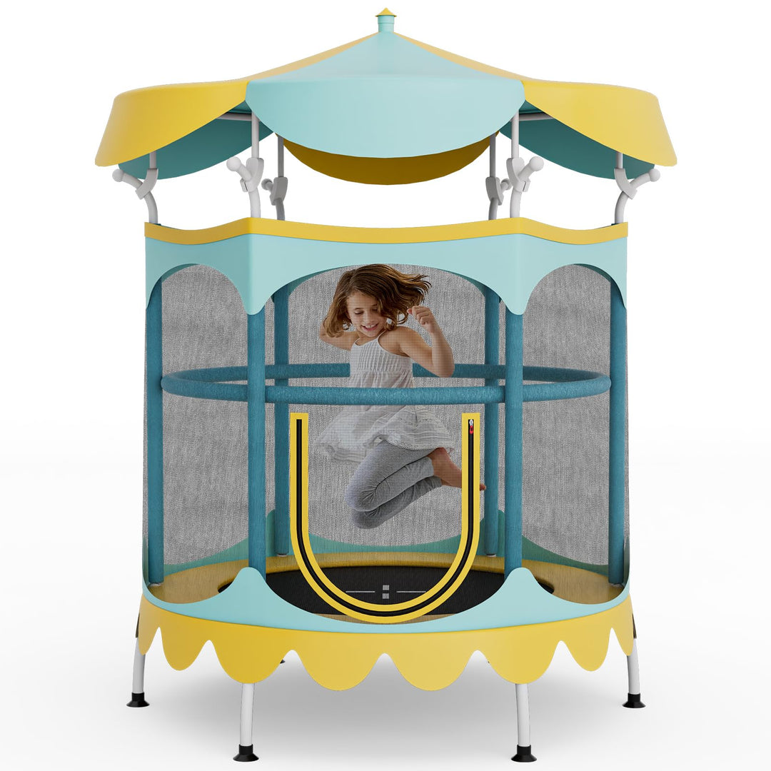 GYMAX Toddler Trampoline, 64” Trampoline for Kids with Removable Canopy, All Round Enclosure Net & Handrail