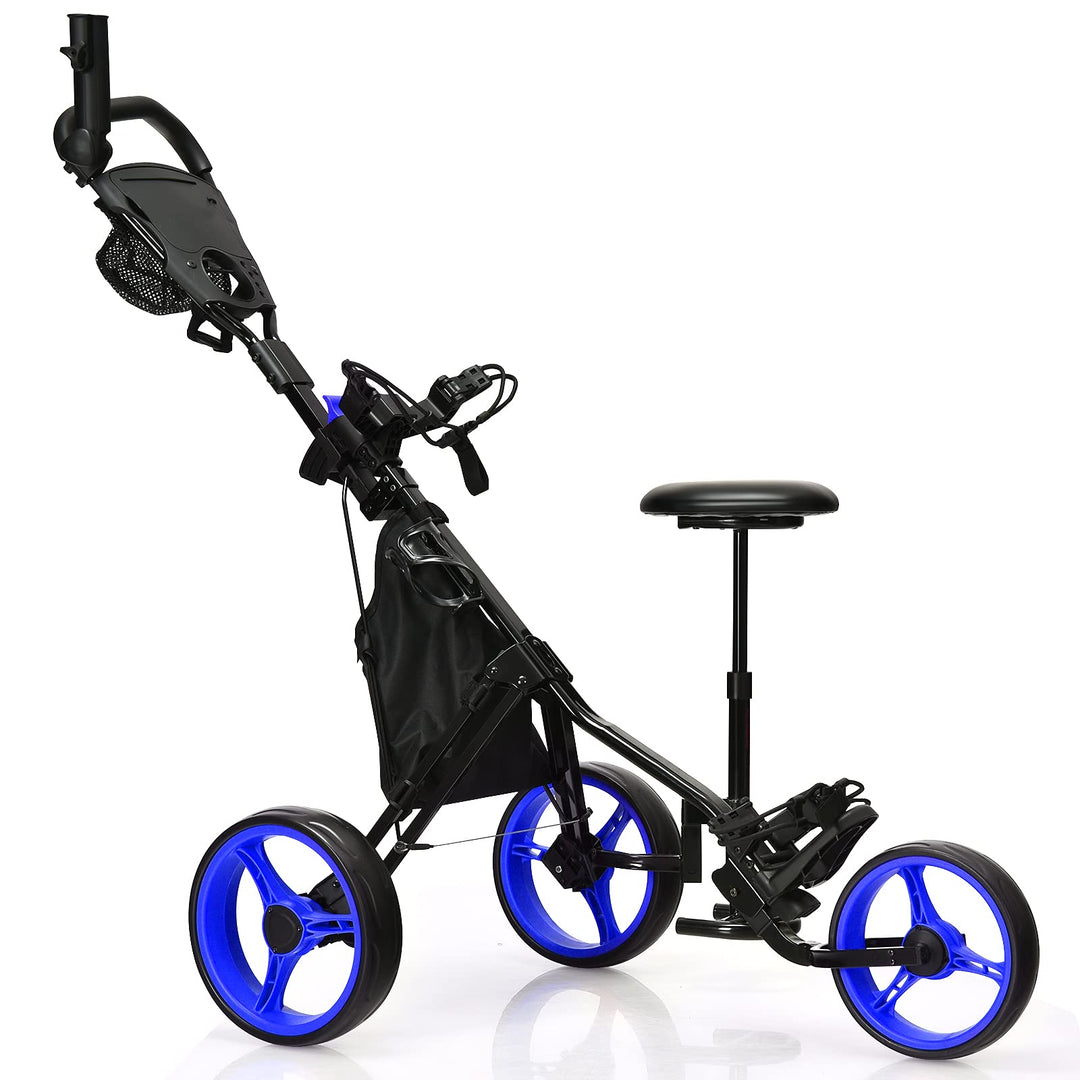 GYMAX Golf Push Cart, Foldable 3-Wheel Height Adjustable Lightweight Golf Caddy Cart with Umbrella Holder