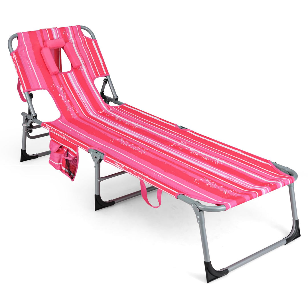GYMAX Tanning Chair, Folding Beach Lounger with Face Arm Hole, Adjustable Backrest, Side Pocket & Carry Handle