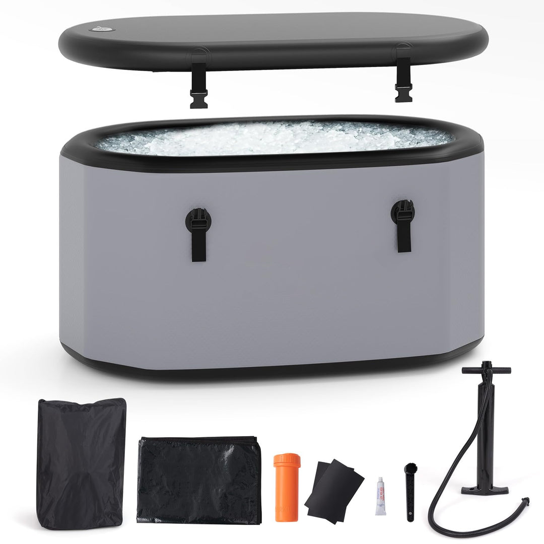 GYMAX Cold Plunge Tub, XL 129 Gal Oval Ice Bath Tub with Lid, Backpack, Pump & Floor Mat, Portable Inflatable Ice Bath for Cold Water Therapy