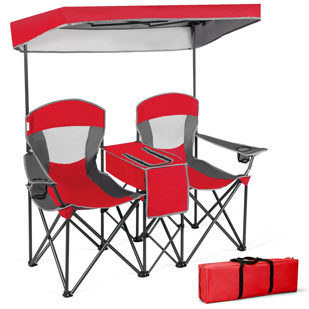 GYMAX Double Camping Chair, Beach Chair with Canopy Shade, Adjustable UV Protection, Cooler, Cup Holder & Carry Bag