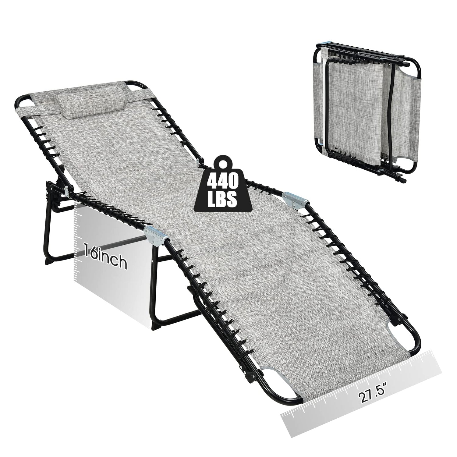GYMAX Lounge Chair for Outside, 440lbs 27” Oversize Folding Beach Tanning Sunbath Chair with Adjustable Backrest & Removable Pillow