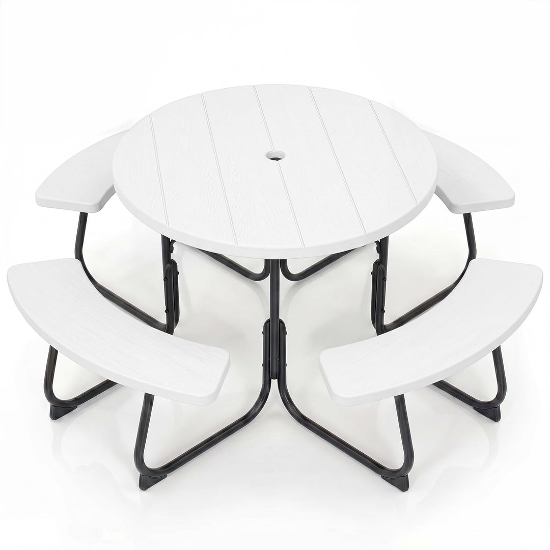 GYMAX Picnic Table Bench with Umbrella Hole 8 Person Round Outdoor Picnic Table