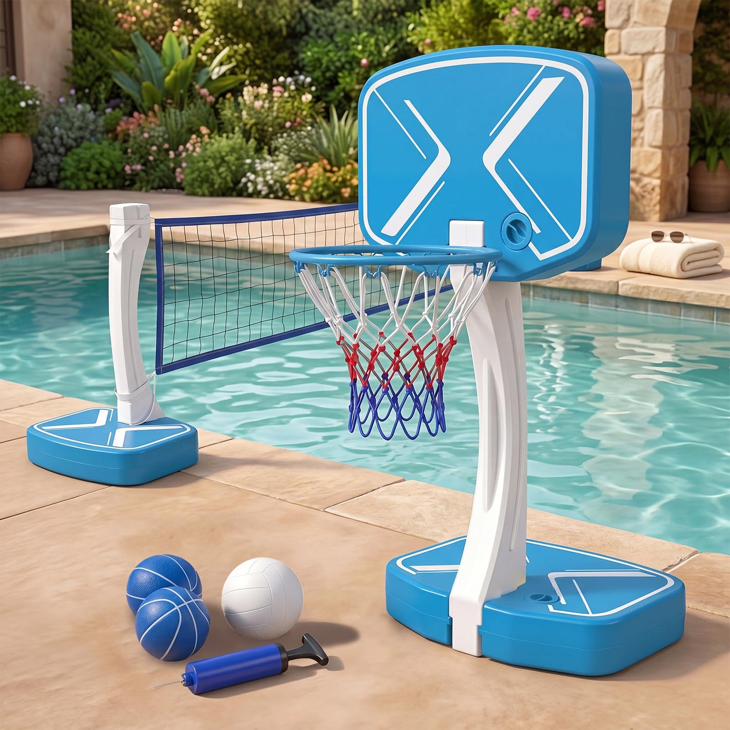 2-in-1 Pool Basketball Hoop & Volleyball Net Poolside Net(23.5” x 18” x 51.5”)