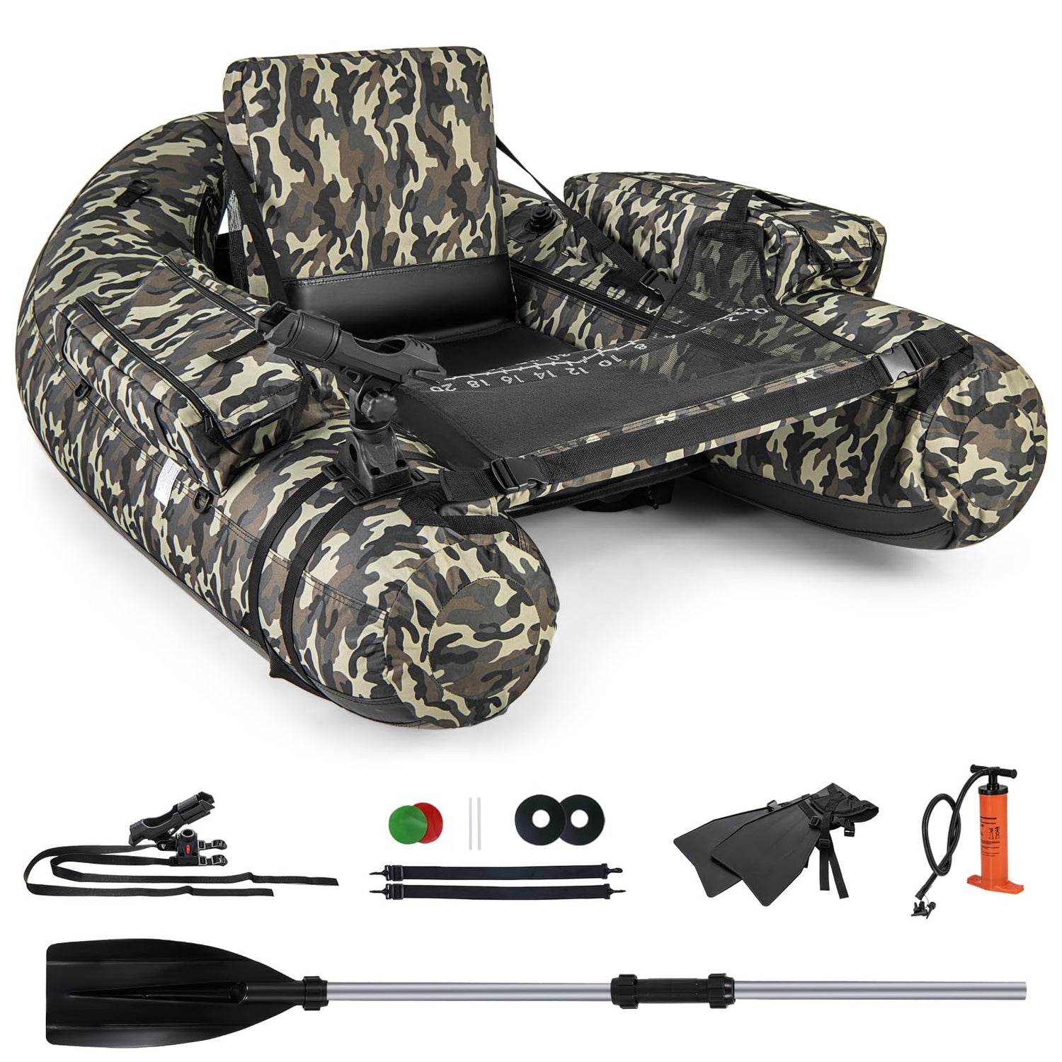GYMAX Fishing Float Tube, 350lbs Inflatable Belly Boat with Fish Ruler, Fishing Rod Holder, Pump, Storage Bag, Flippers & Adjustable Straps