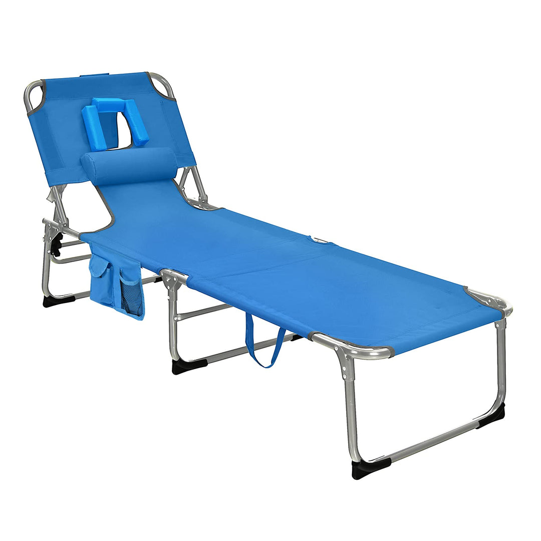 GYMAX Tanning Chair, Folding Beach Lounger with Face Arm Hole, Adjustable Backrest, Side Pocket & Carry Handle