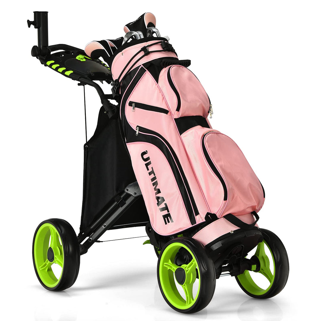 GYMAX Folding Golf Push Cart, Height Adjustable Portable Caddy Cart with Umbrella Holder, Waterproof Bag