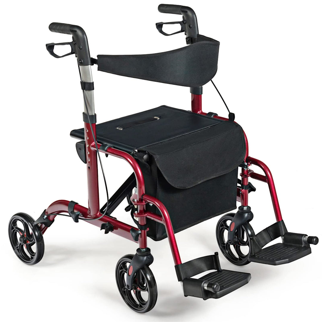 GYMAX 2 in 1 Foldable Rollator Walker, Height Adjustable 4 Wheel Transport Chair with Reversible Backrest