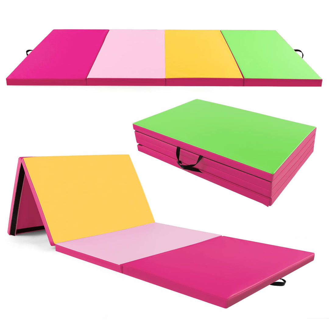 GYMAX Gymnastics Mat, 4 FT x 10 FT x 2 Inches Folding Exercise Mat w/Carrying Handles, Hook & Loop Fasteners