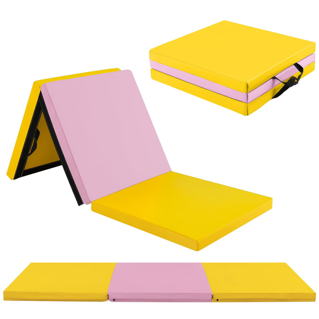 GYMAX Folding Gymnastics Mat, 6 FT x 2 FT x 2 Inches Exercise Mat w/Carrying Handles, Waterproof PU Leather, Hook & Loop Fasteners
