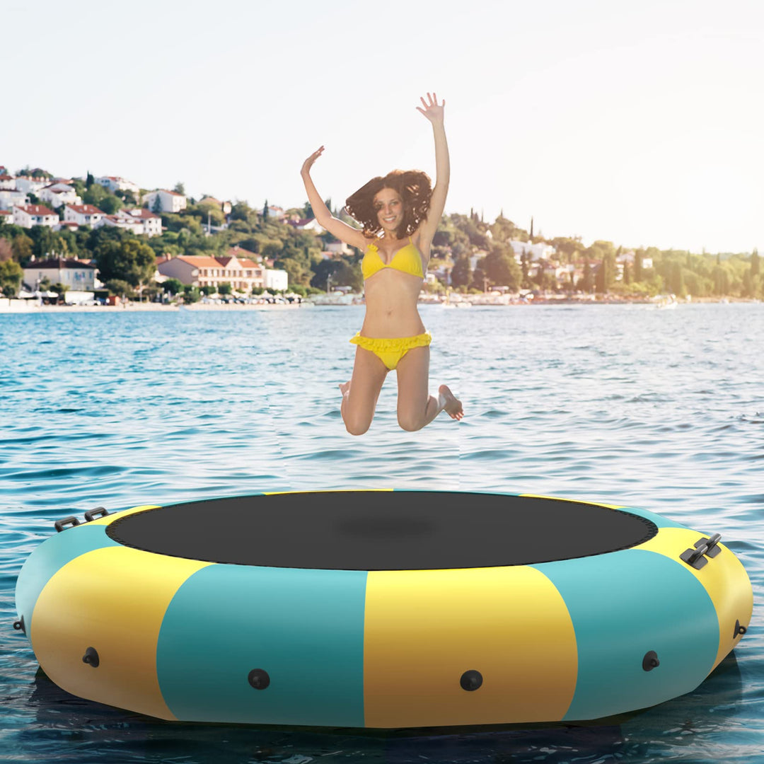 GYMAX Water Trampoline, Floating Lake Trampoline with Electric Pump & Rope Ladder, Inflatable Water Bouncer for Lake