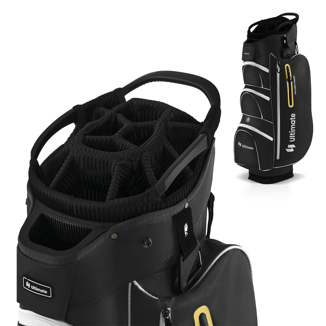 GYMAX Golf Cart Bag, 15-Way Divider with 7 Pockets, Rain Hood, Umbrella Holder & Gloves Stickers