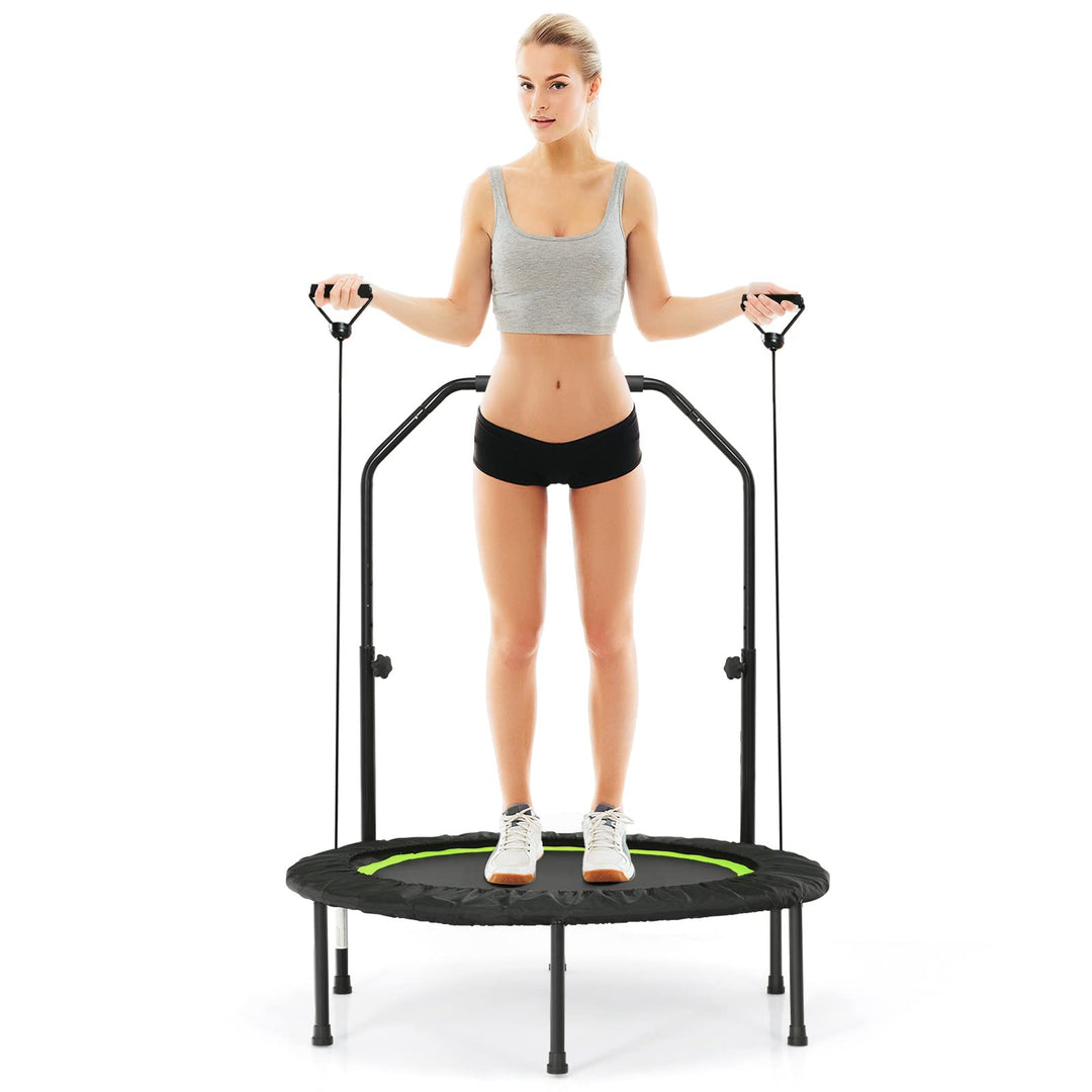 GYMAX Rebounder Trampoline for Adults, 40” Mini Exercise Trampoline with Height Adjustable Bar & Resistance Bands