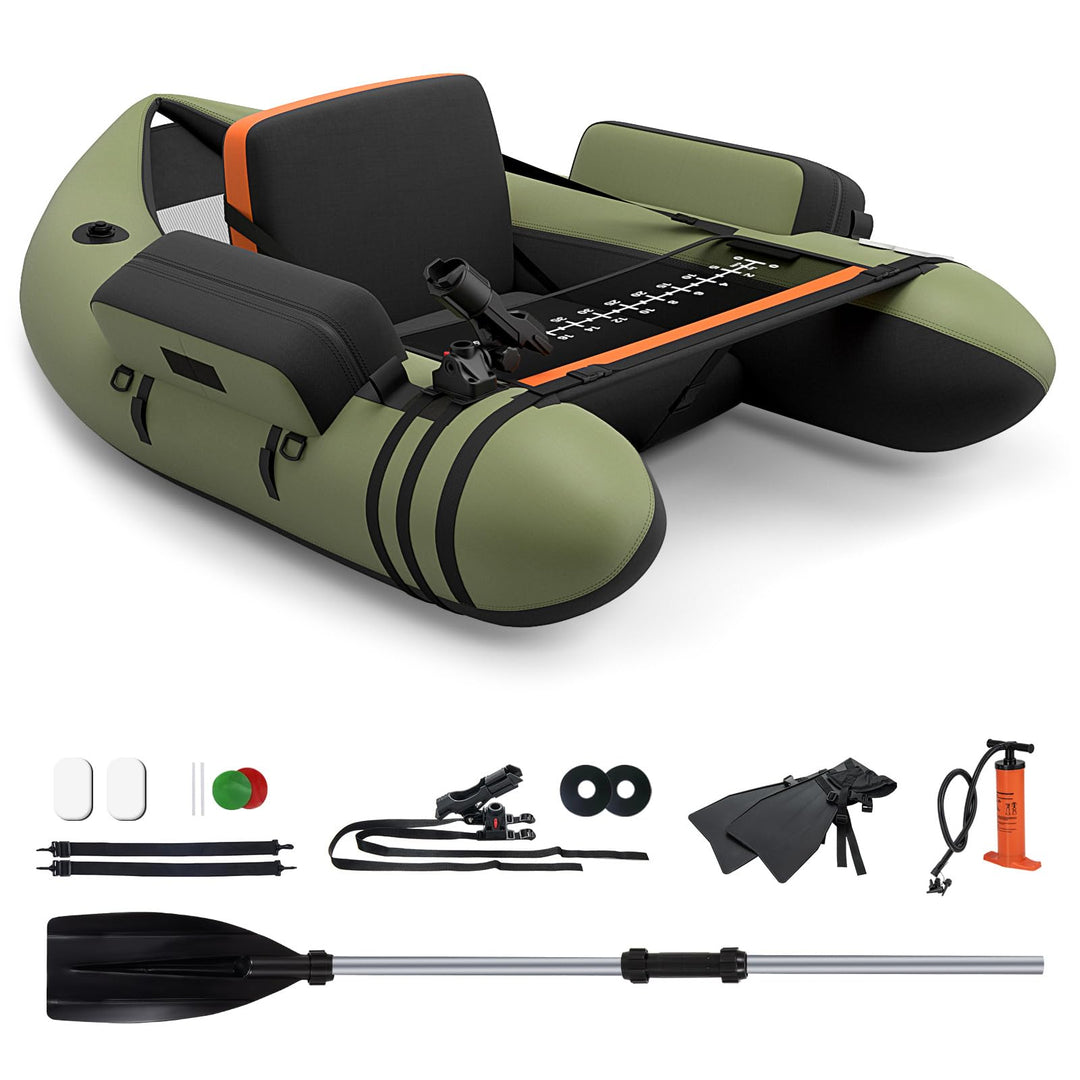 GYMAX Fishing Float Tube, 350lbs Inflatable Fishing Boat with Paddle, Pump, Flippers, Fish Hook Stators
