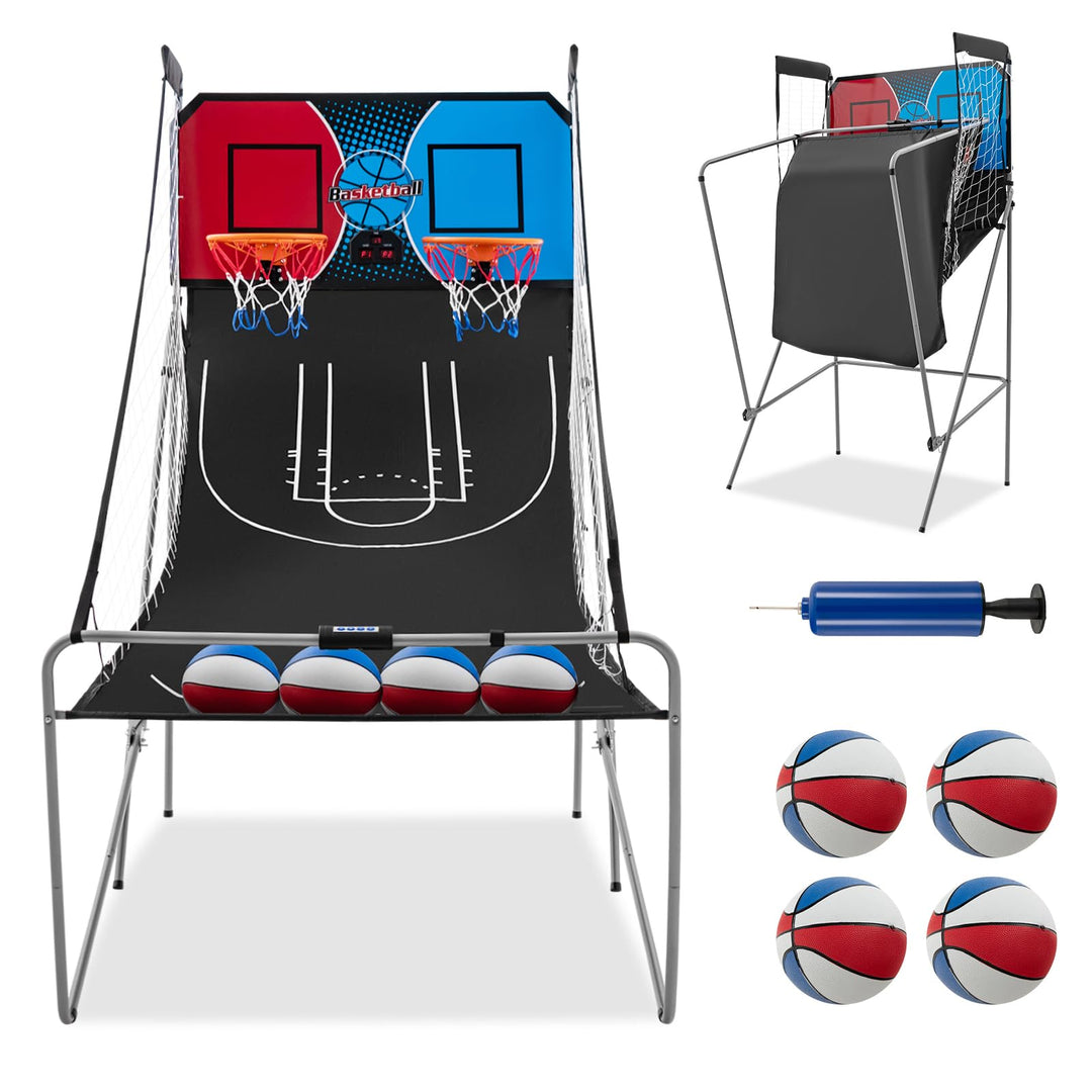 GYMAX Arcade Basketball Game Indoor Foldable with 8 Game Modes, Arcade Sound, 4 Balls and Inflation Pump