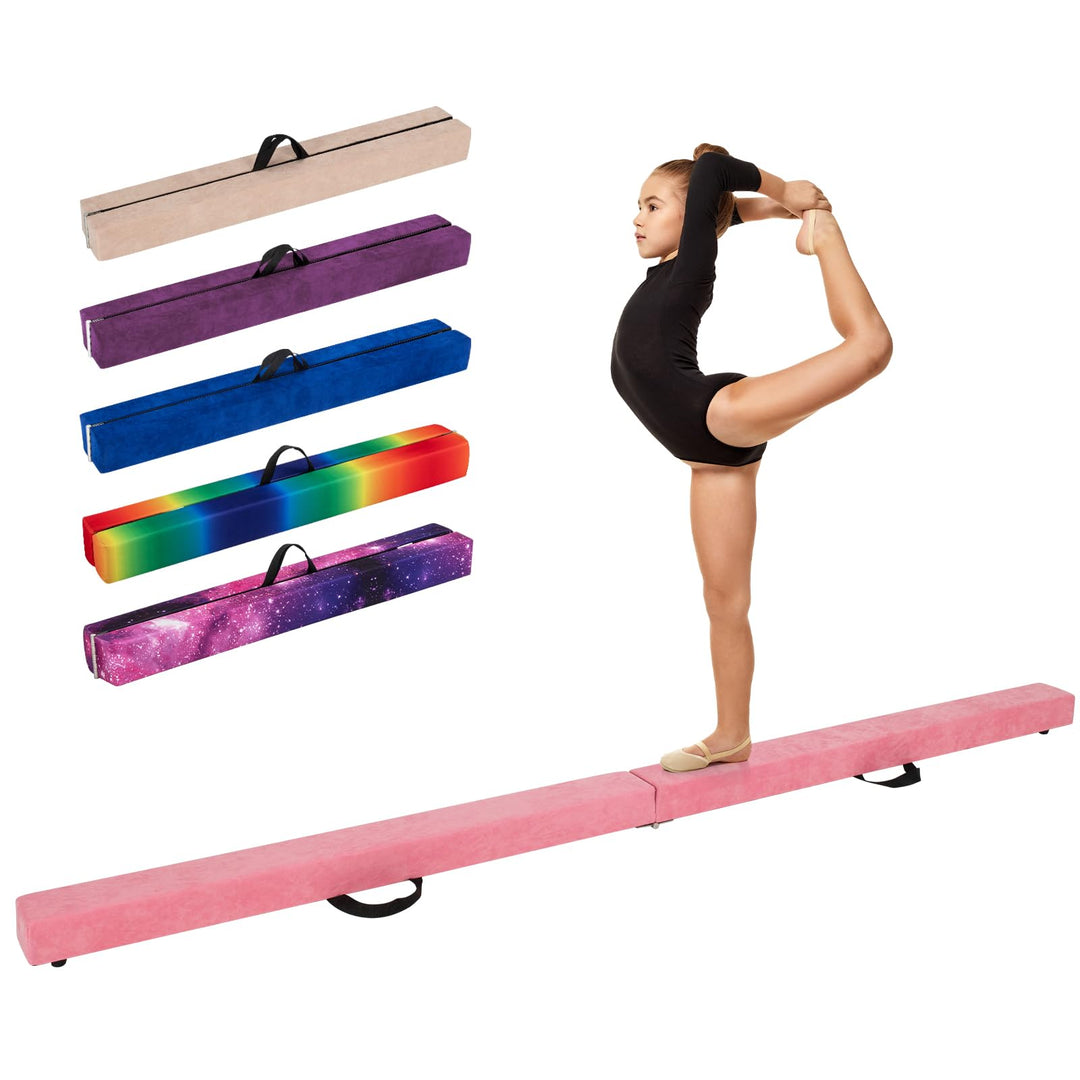 GYMAX 8FT Folding Balance Beam, Foam Gymnastic Beam with Solid Wood Base, Carrying Handle & Anti-Slip Bottom for Kids Teens
