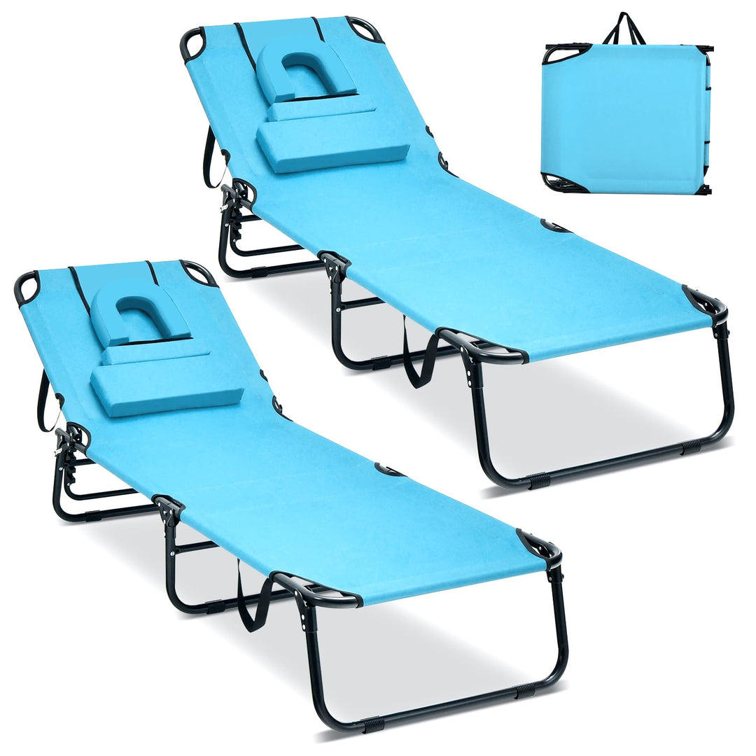 GYMAX Tanning Chair, 350lbs Beach Lounge Chair with Face Hole, Washable Pillow & Carry Strap