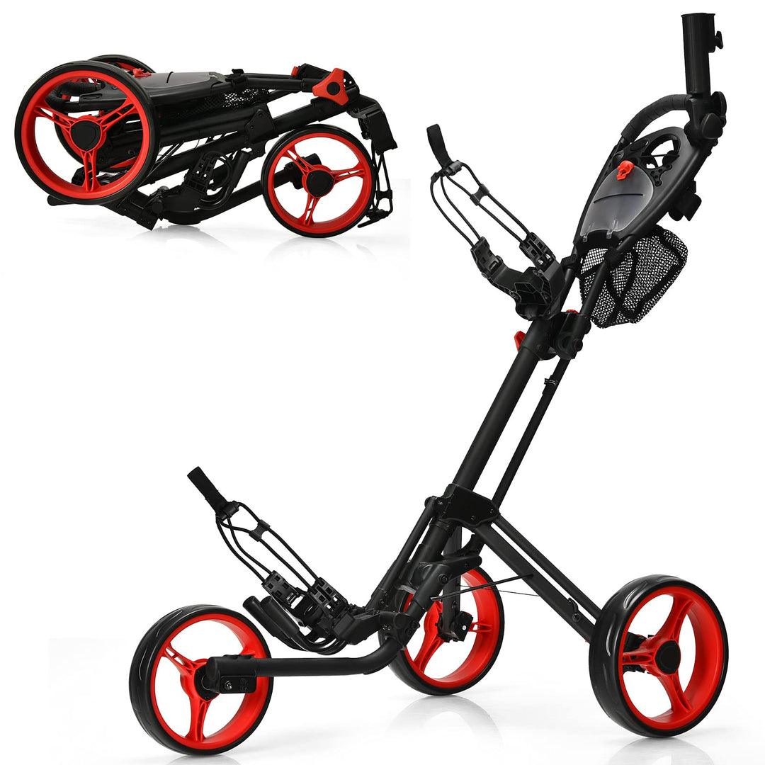 GYMAX Folding Push Cart, 3 Wheel Height Adjustable Lightweight Trolley W/Umbrella Holder & Mesh Bag