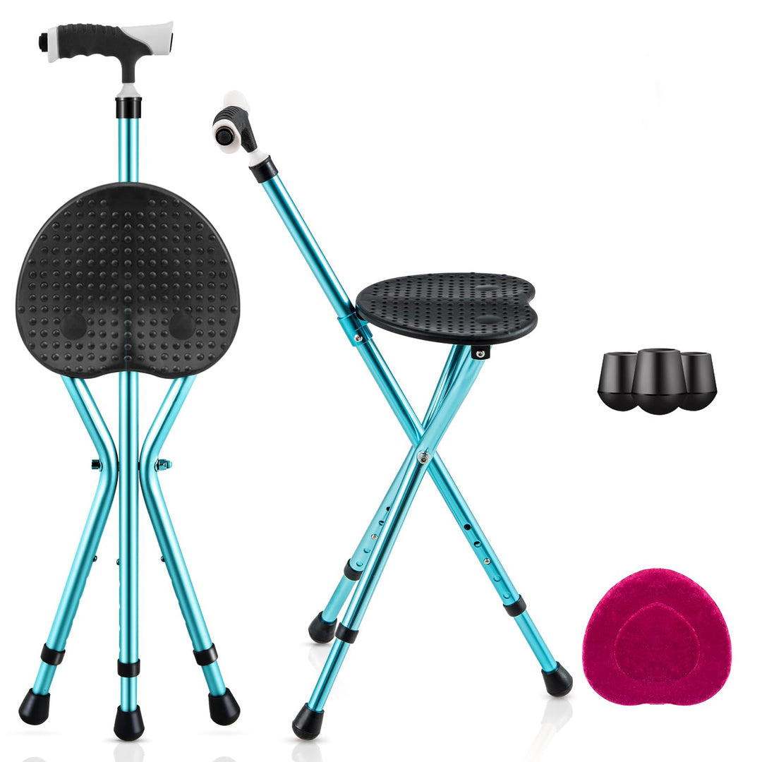 GYMAX Walking Stick Chair Combo, Folding Cane Seat with LED Light, Massage Seat Board & Ergonomic Handle