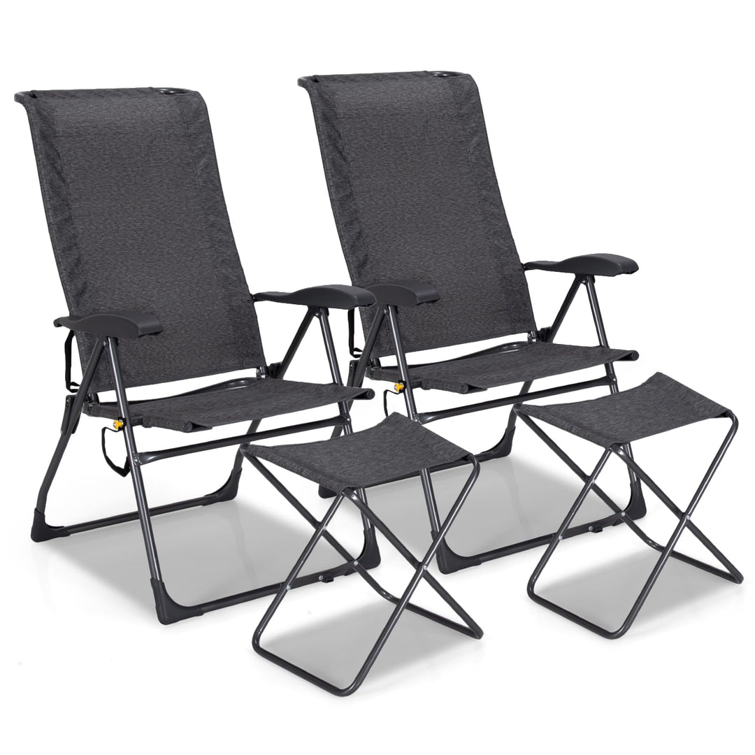 GYMAX Folding Camping Chair, Patio Recline Chair with Ottomans with 7-Level Adjustable Backrest & Back Pocket