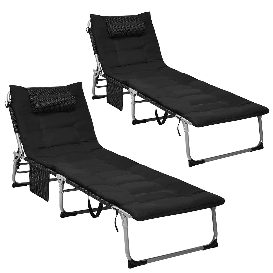GYMAX Camping Cot, 27” Lounge Chair Outdoor w/Mattress, Headrest, Side Pocket & Carry Strap, 3 in 1 Folding Layout Tanning Lounger