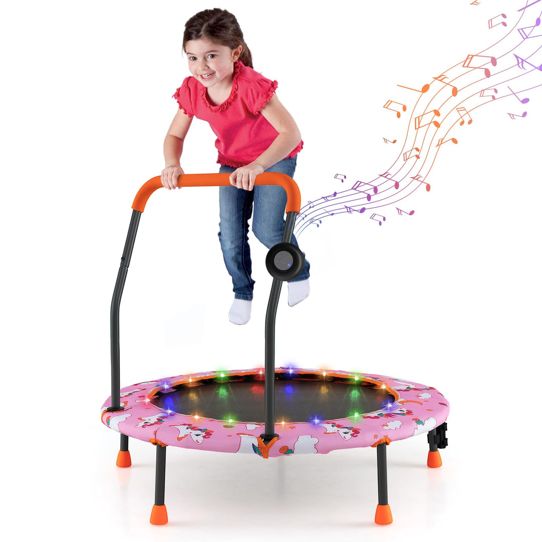 GYMAX Trampoline for Kids, 36” Toddler Trampoline with Lights n Music, Removable Blue Tooth Speaker, Safety Handle