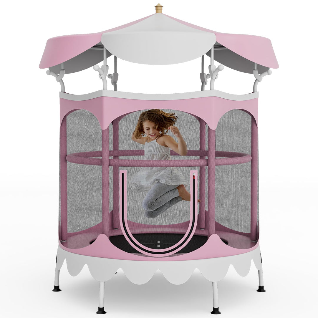 GYMAX Toddler Trampoline, 64” Trampoline for Kids with Removable Canopy, All Round Enclosure Net & Handrail