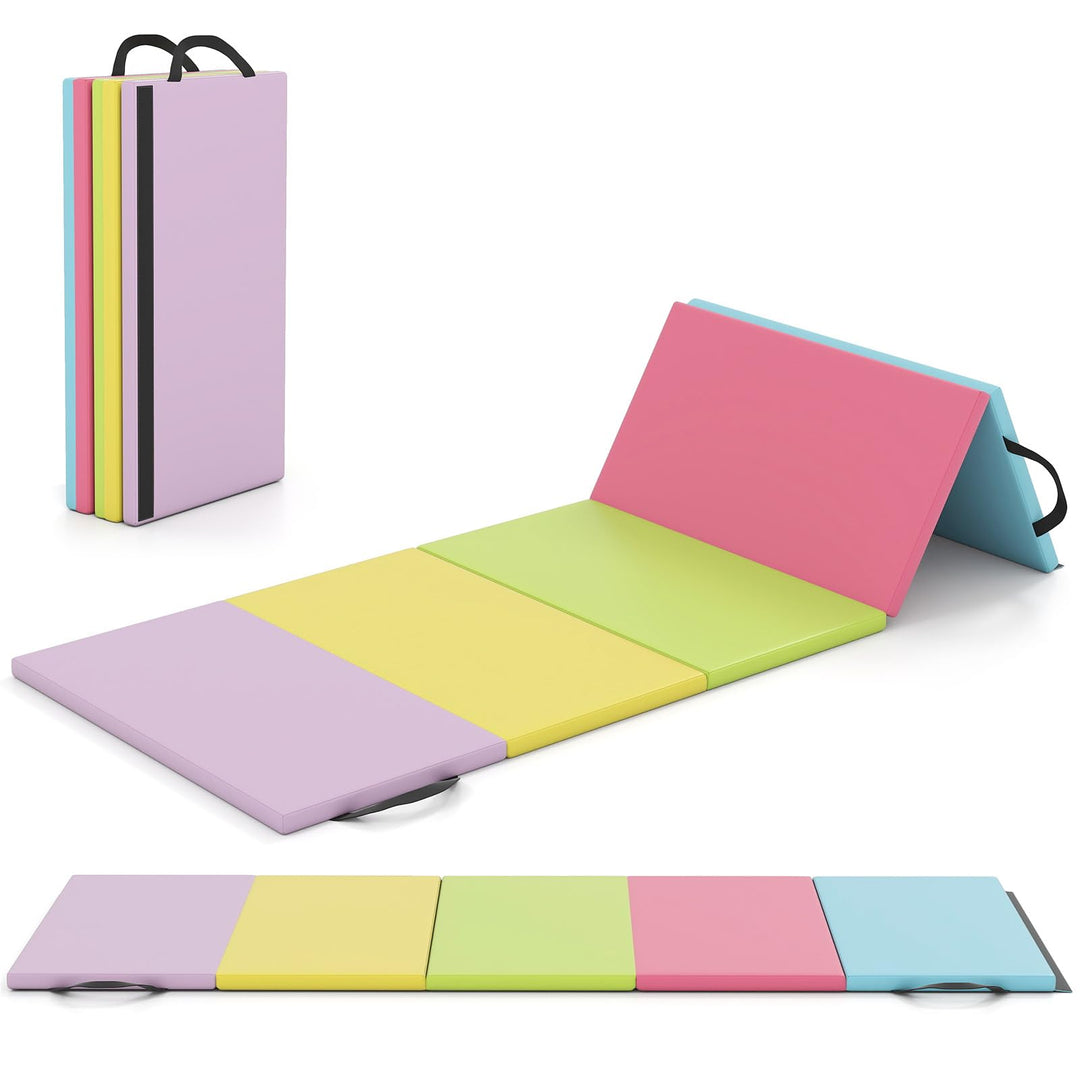 GYMAX Gymnastics Mat, 5-Panel Folding Tumbling Mat with Carrying Handles, 4-Side Hook & Loop Fasteners