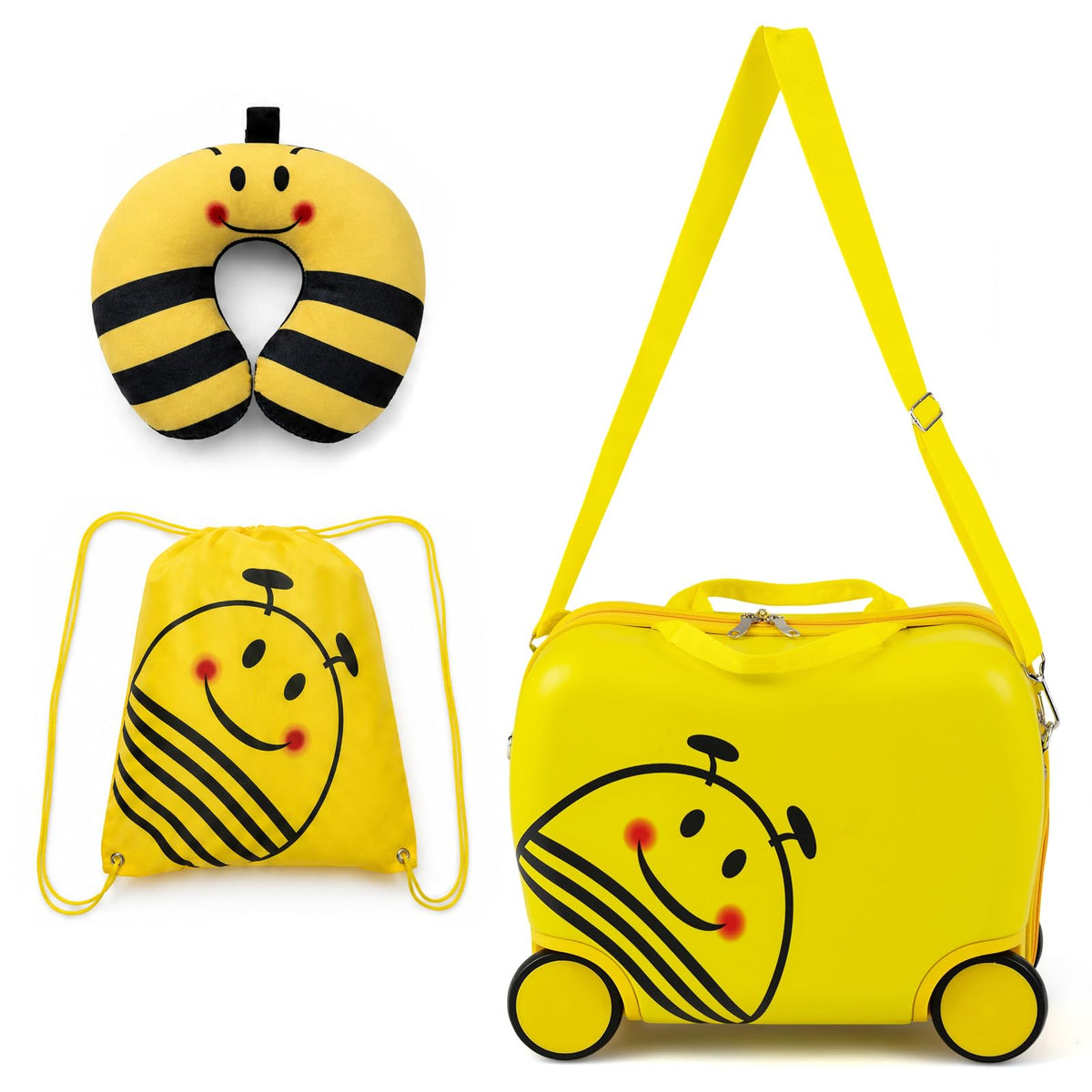 GYMAX 3 PCS Kids Carry-on Luggage Set with Headrest and Backpack