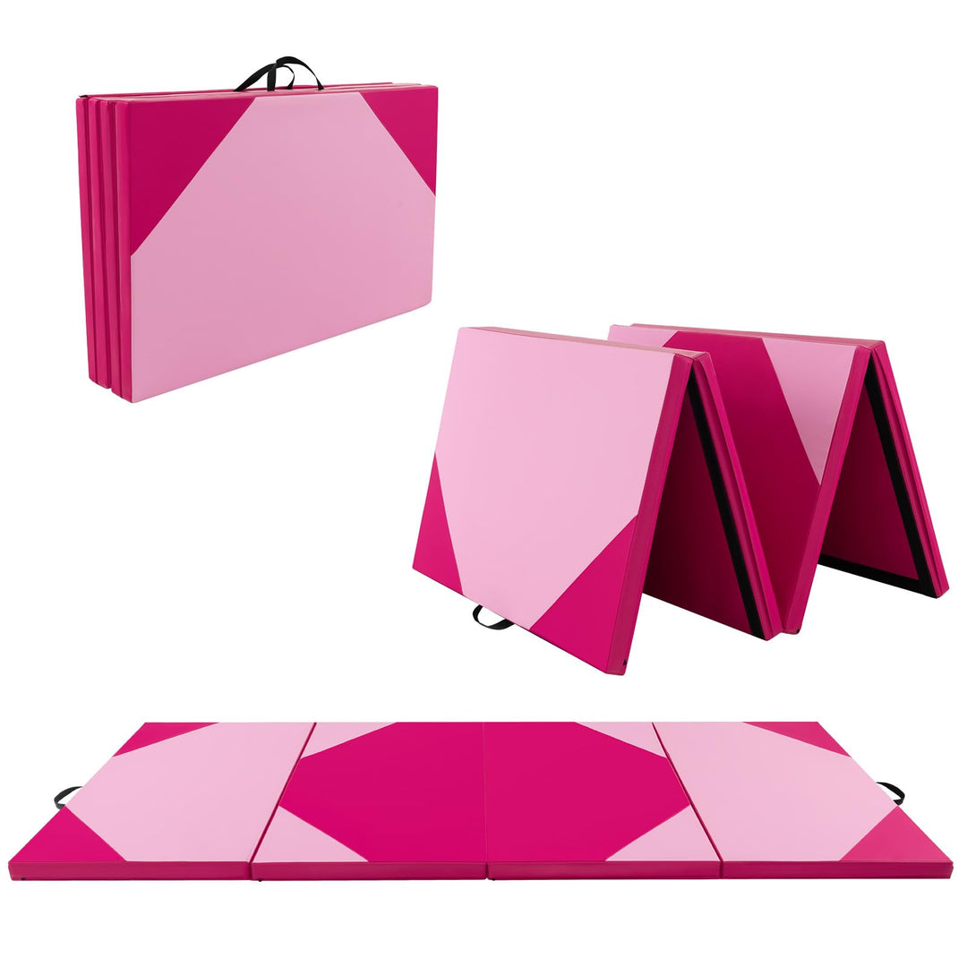 GYMAX Gymnastics Mat, 4 FT x 10 FT x 2 Inches Folding Exercise Mat w/Carrying Handles, Hook & Loop Fasteners