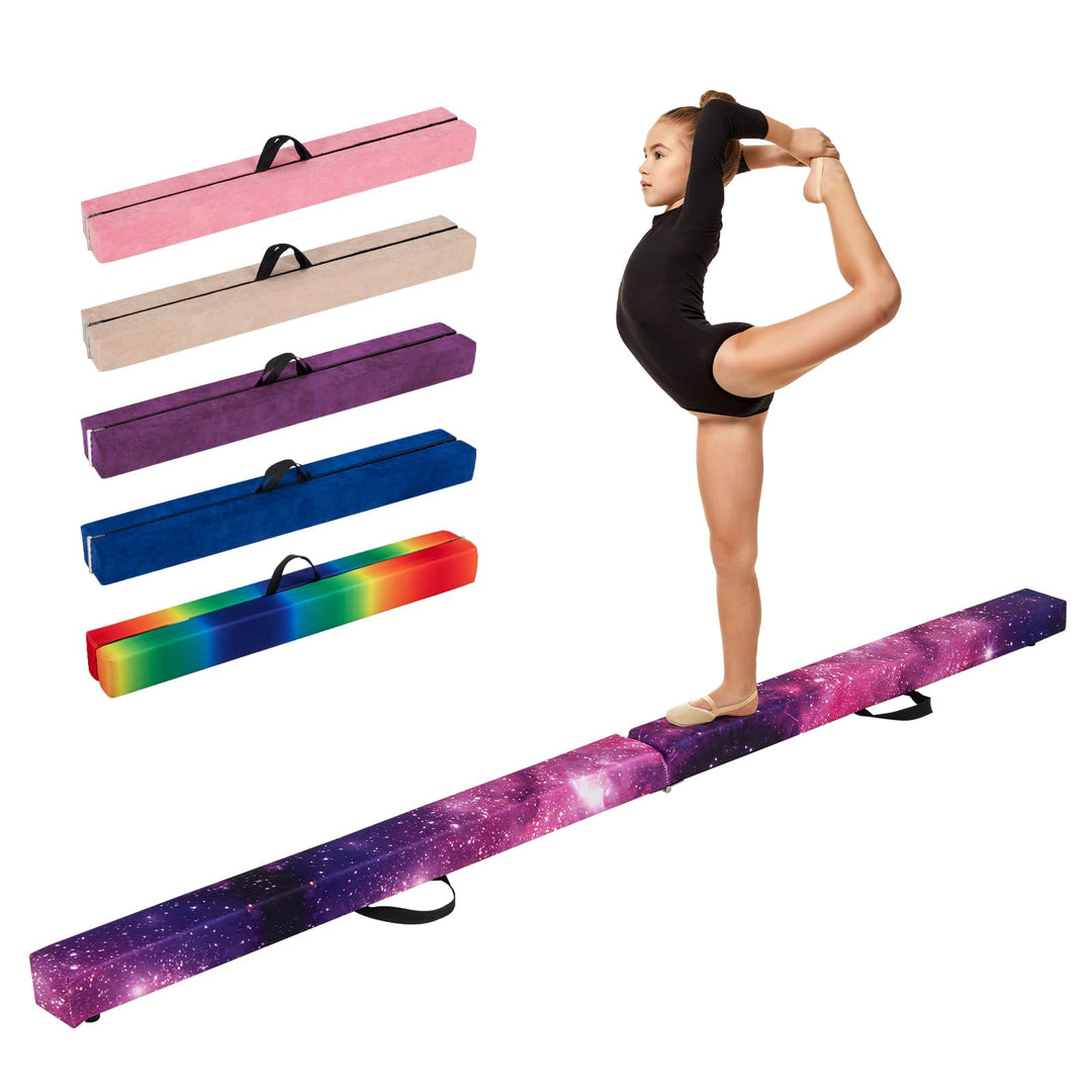 GYMAX 8FT Folding Balance Beam, Foam Gymnastic Beam with Solid Wood Base, Carrying Handle & Anti-Slip Bottom for Kids Teens