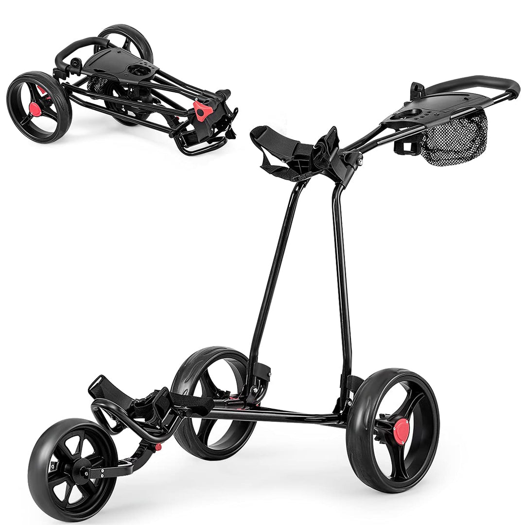 GYMAX Folding Golf Push Cart, 3 Wheel Adjustable Golf Pull Trolley with Cup Holder, Umbrella Holder