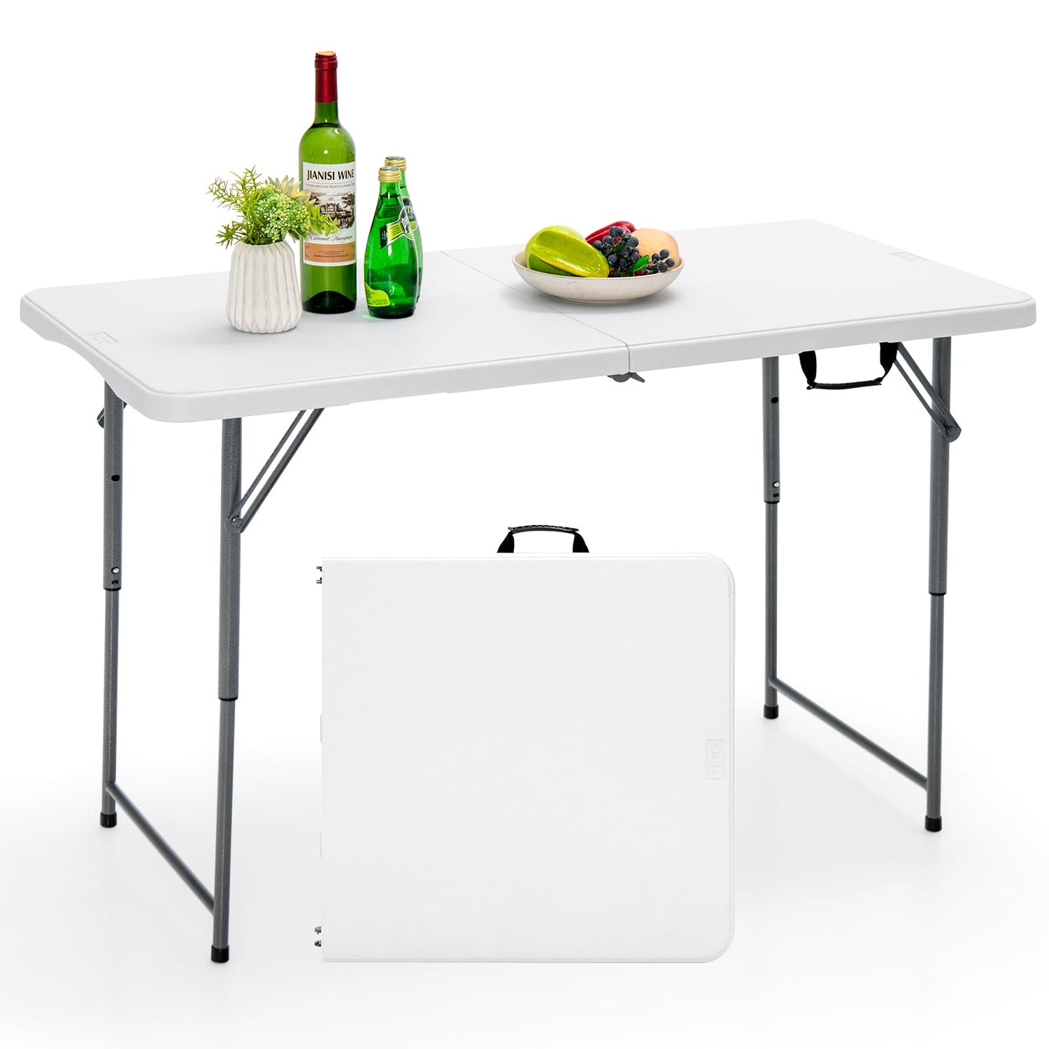 GYMAX Folding Table, 4FT Portable Plastic Picnic Table with 3 Adjustable Height & Handle, Fold-in-Half 330LBS Heavy Duty Foldable Table for Indoor Outdoor Party