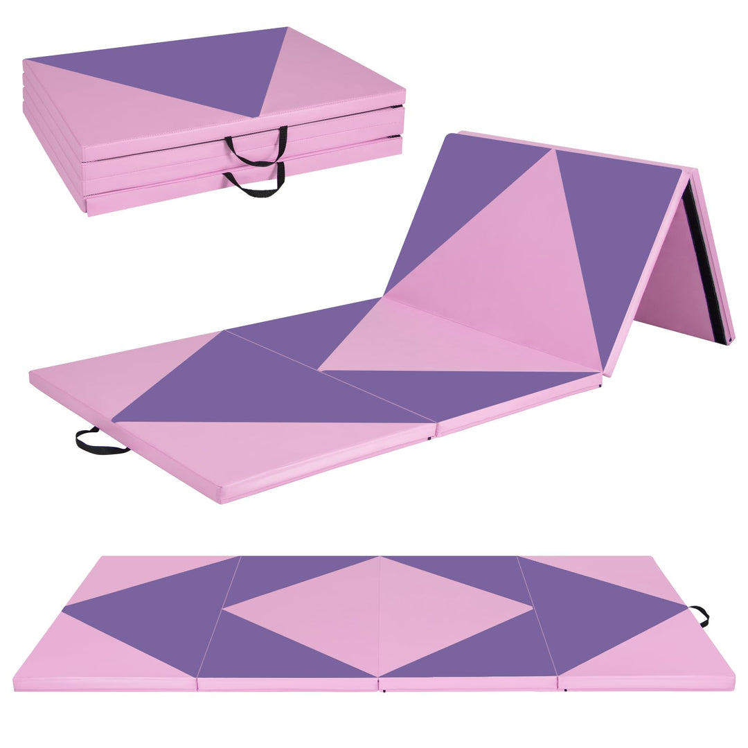 GYMAX Gymnastics Mat, 4 FT x 10 FT x 2 Inches Folding Exercise Mat w/Carrying Handles, Hook & Loop Fasteners