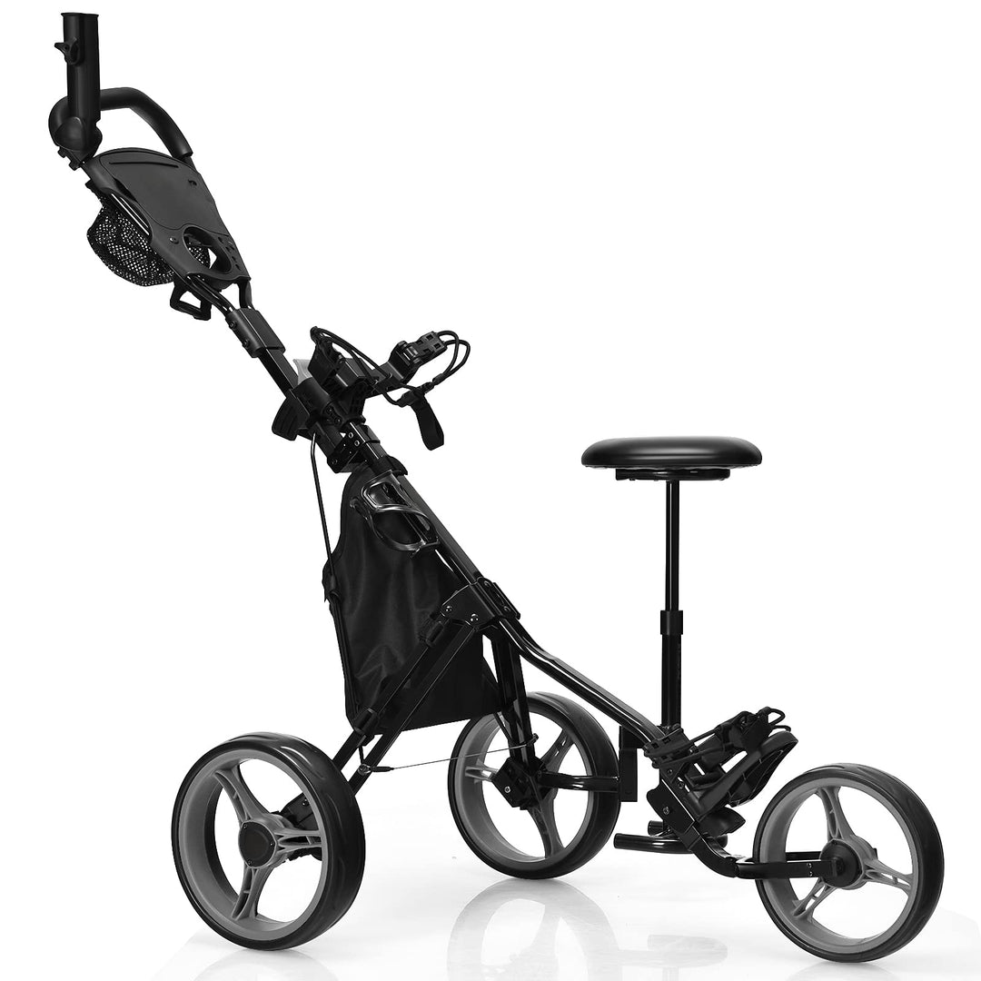 GYMAX Golf Push Cart, Foldable 3-Wheel Height Adjustable Lightweight Golf Caddy Cart with Umbrella Holder