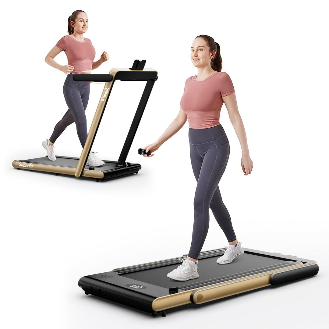 GYMAX Walking Pad, Dual LED Display Free Installation Running Machine w/Smart App/Remote Control & Bluetooth Speaker
