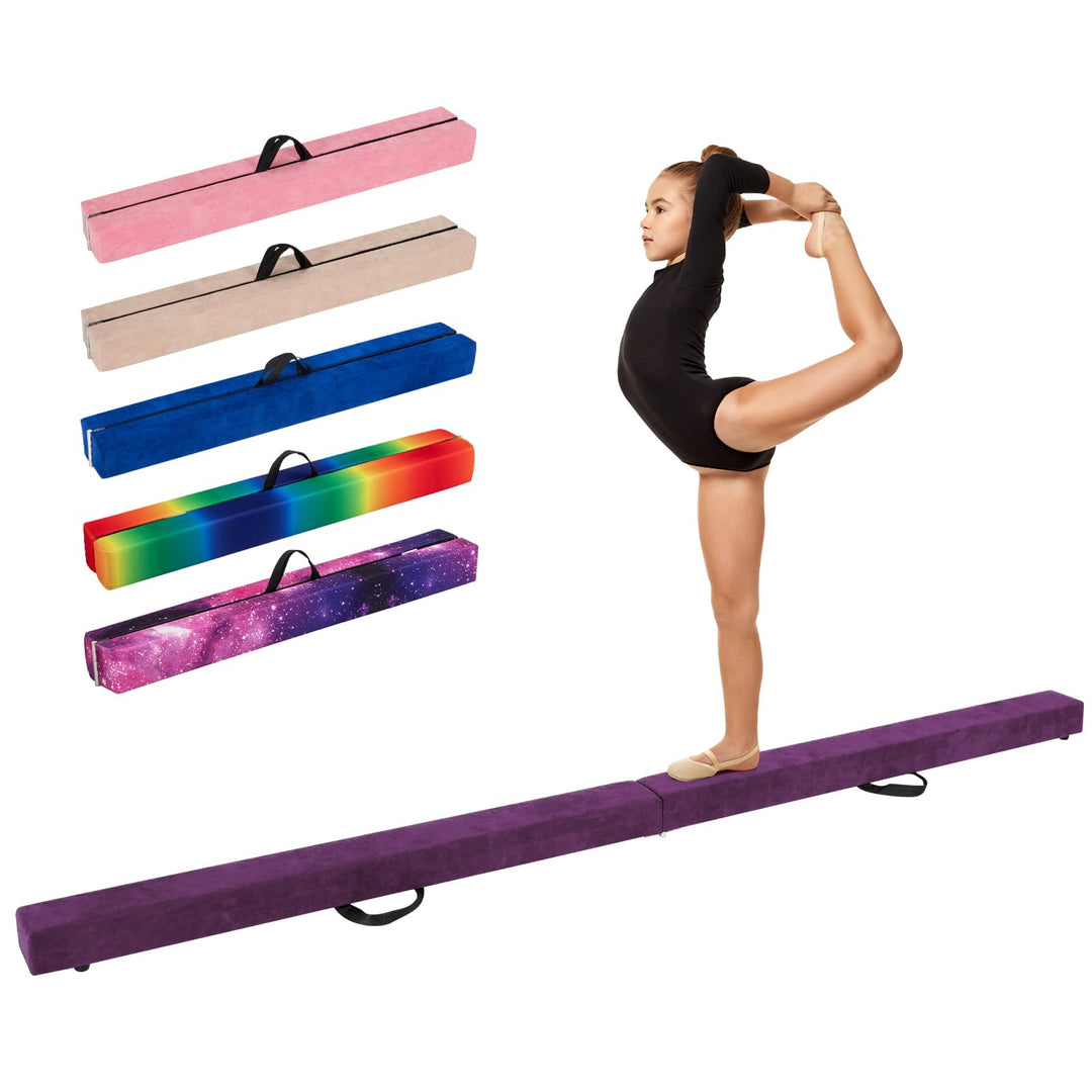 GYMAX 7FT Folding Balance Beam, Foam Gymnastic Beam with Solid Wood Base, Carrying Handle & Anti-Slip Bottom for Kids Teens