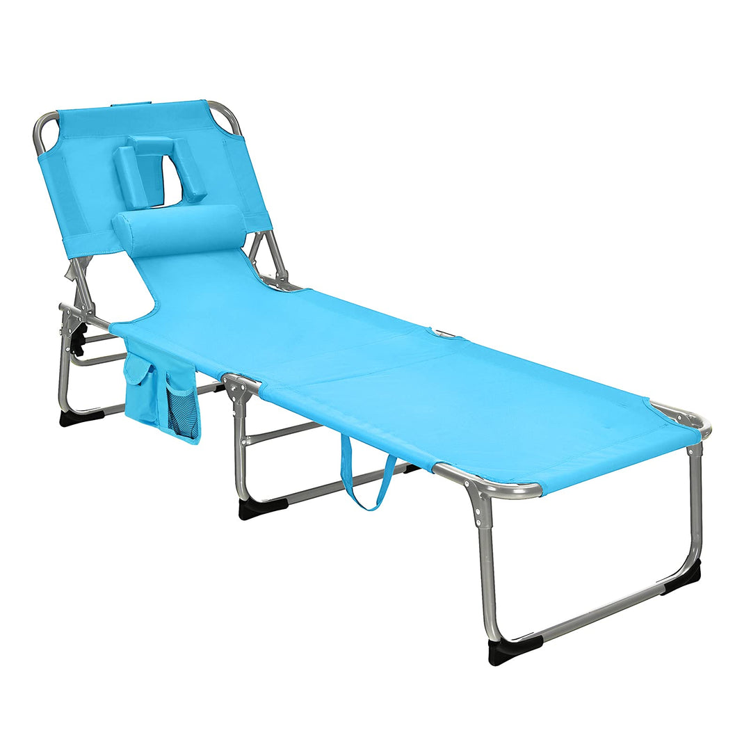 GYMAX Tanning Chair, Folding Beach Lounger with Face Arm Hole, Adjustable Backrest, Side Pocket & Carry Handle