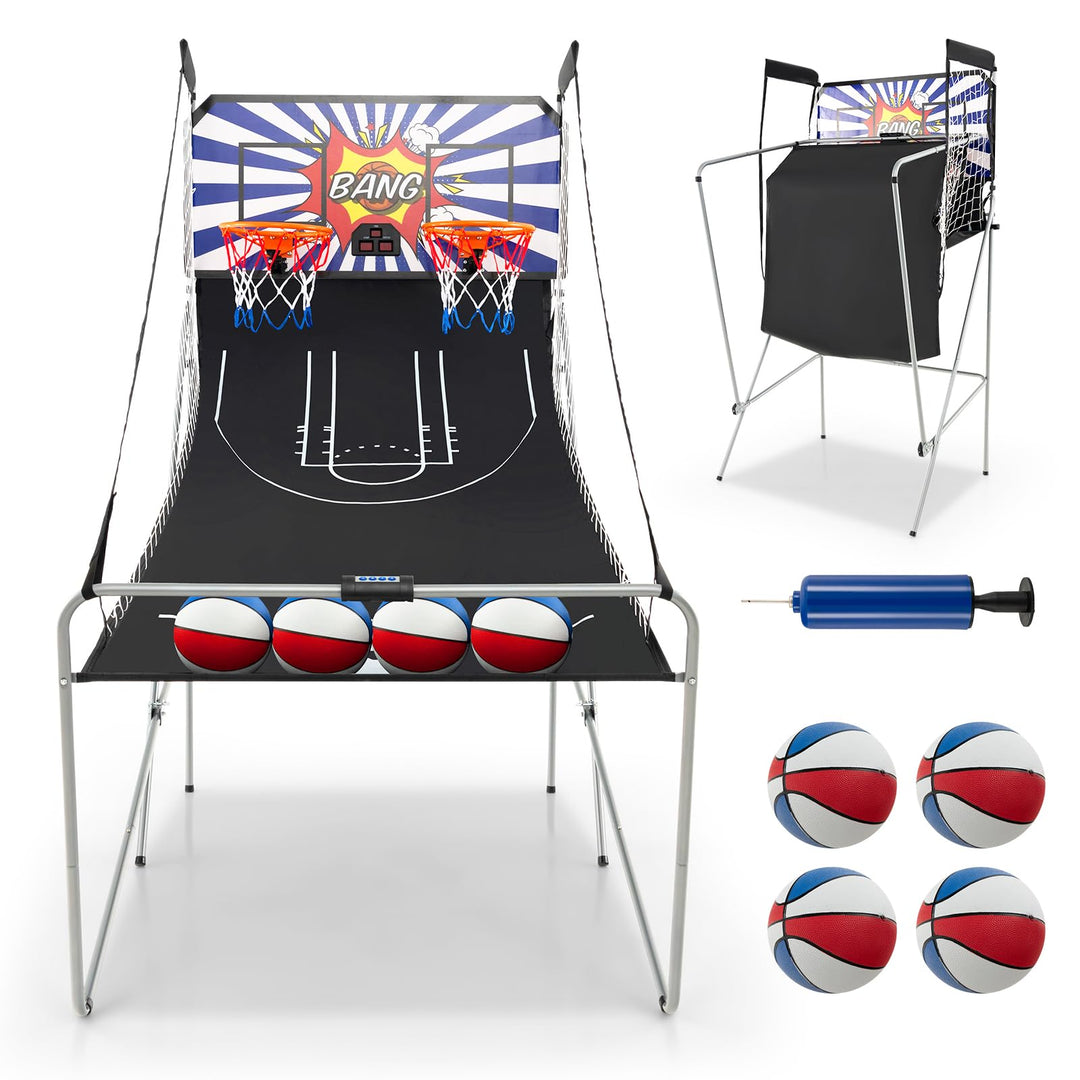 GYMAX Arcade Basketball Game Indoor Foldable with 8 Game Modes, Arcade Sound, 4 Balls and Inflation Pump