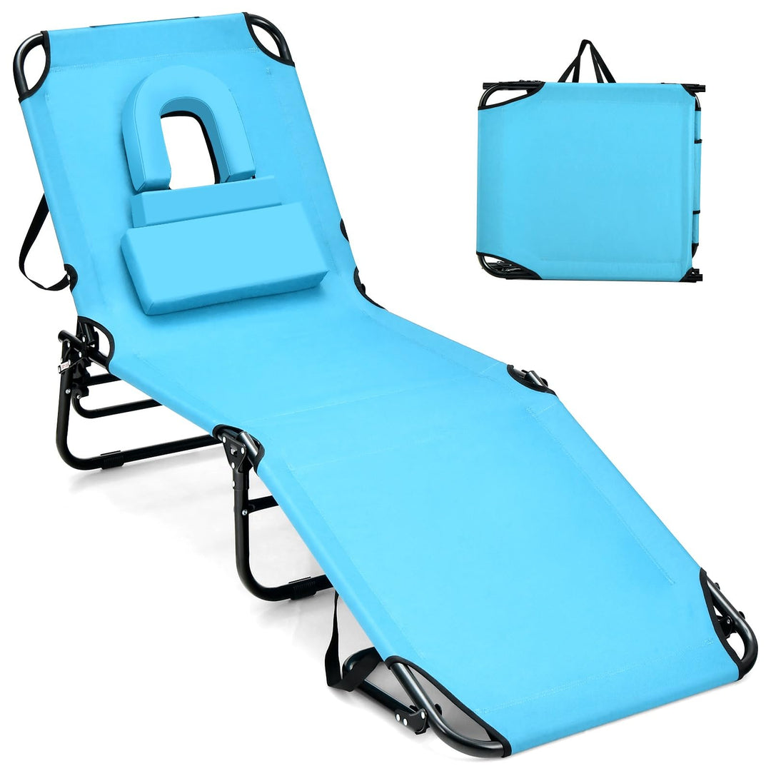 GYMAX Tanning Chair, 350lbs Beach Lounge Chair with Face Hole, Washable Pillow & Carry Strap