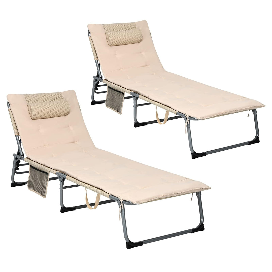 GYMAX Camping Cot, 27” Lounge Chair Outdoor w/Mattress, Headrest, Side Pocket & Carry Strap, 3 in 1 Folding Layout Tanning Lounger