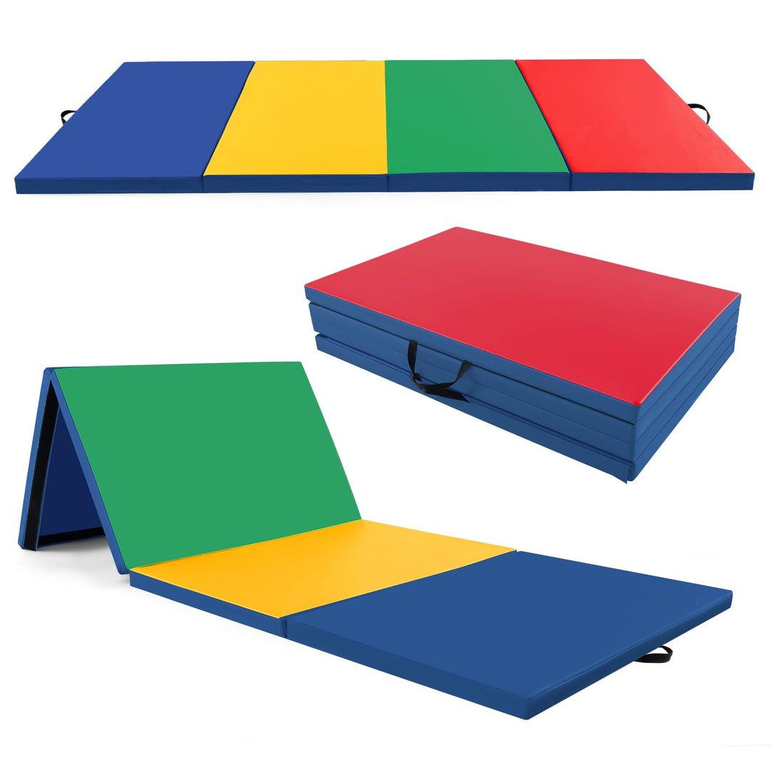 GYMAX Gymnastics Mat, 4 FT x 10 FT x 2 Inches Folding Exercise Mat w/Carrying Handles, Hook & Loop Fasteners