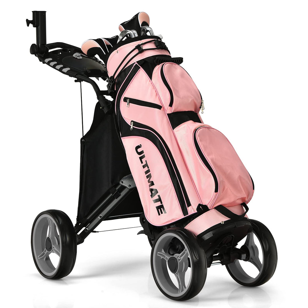 GYMAX Folding Golf Push Cart, Height Adjustable Portable Caddy Cart with Umbrella Holder, Waterproof Bag