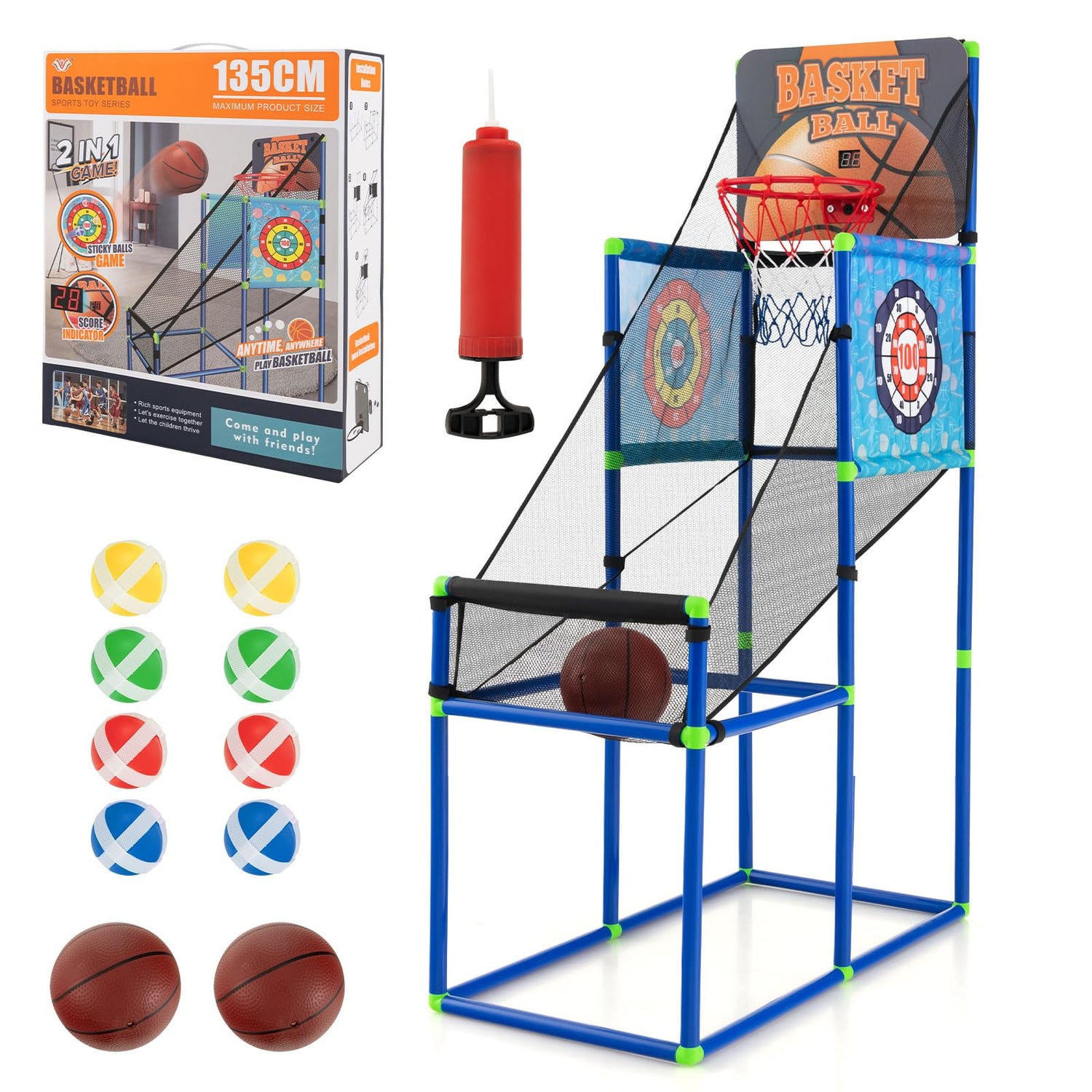 2-in-1 Basketball Arcade Game Set w/8 Sticky Balls